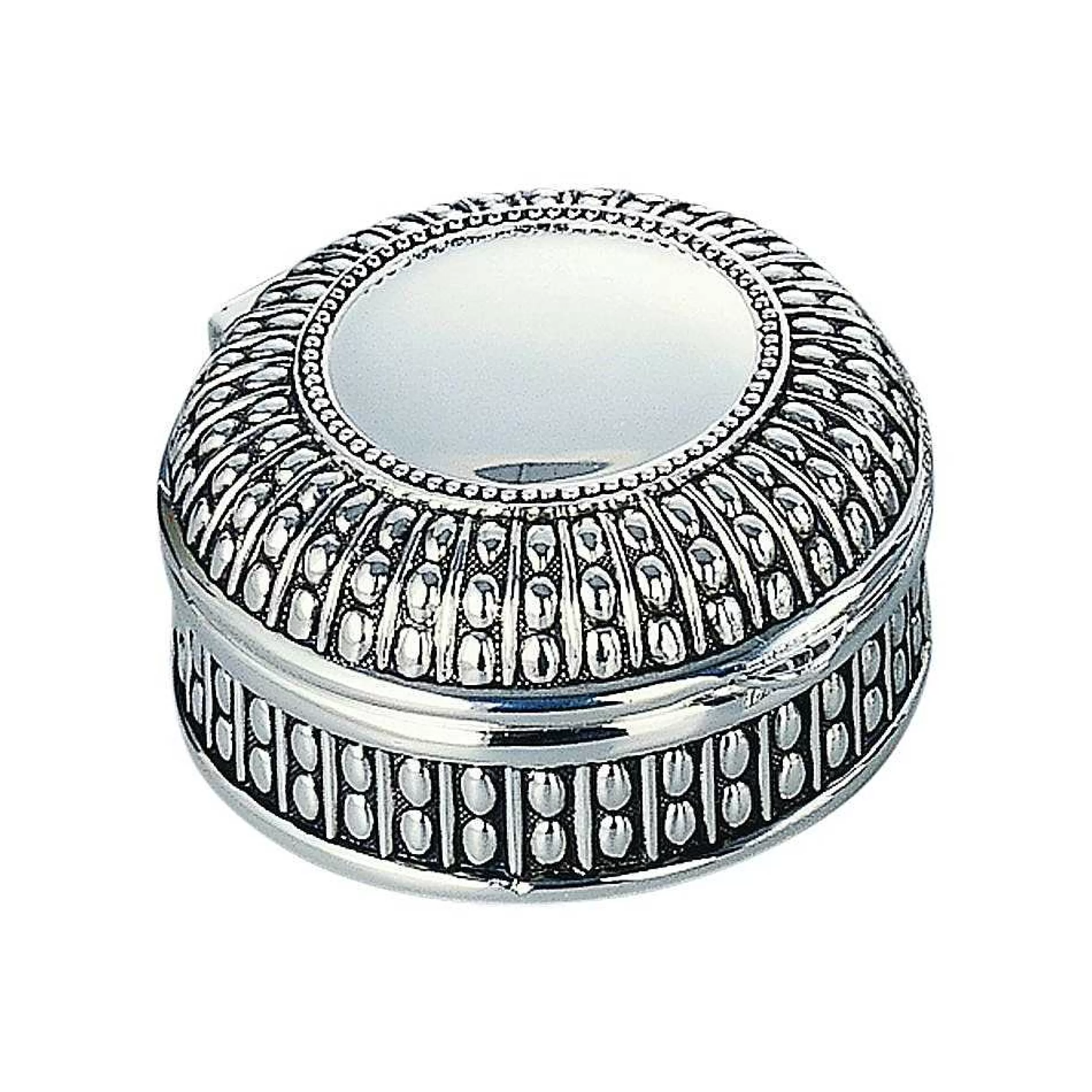 Creative Gifts International Silverplated Round Box With Beaded Antique Design, 3" Diameter Clearance